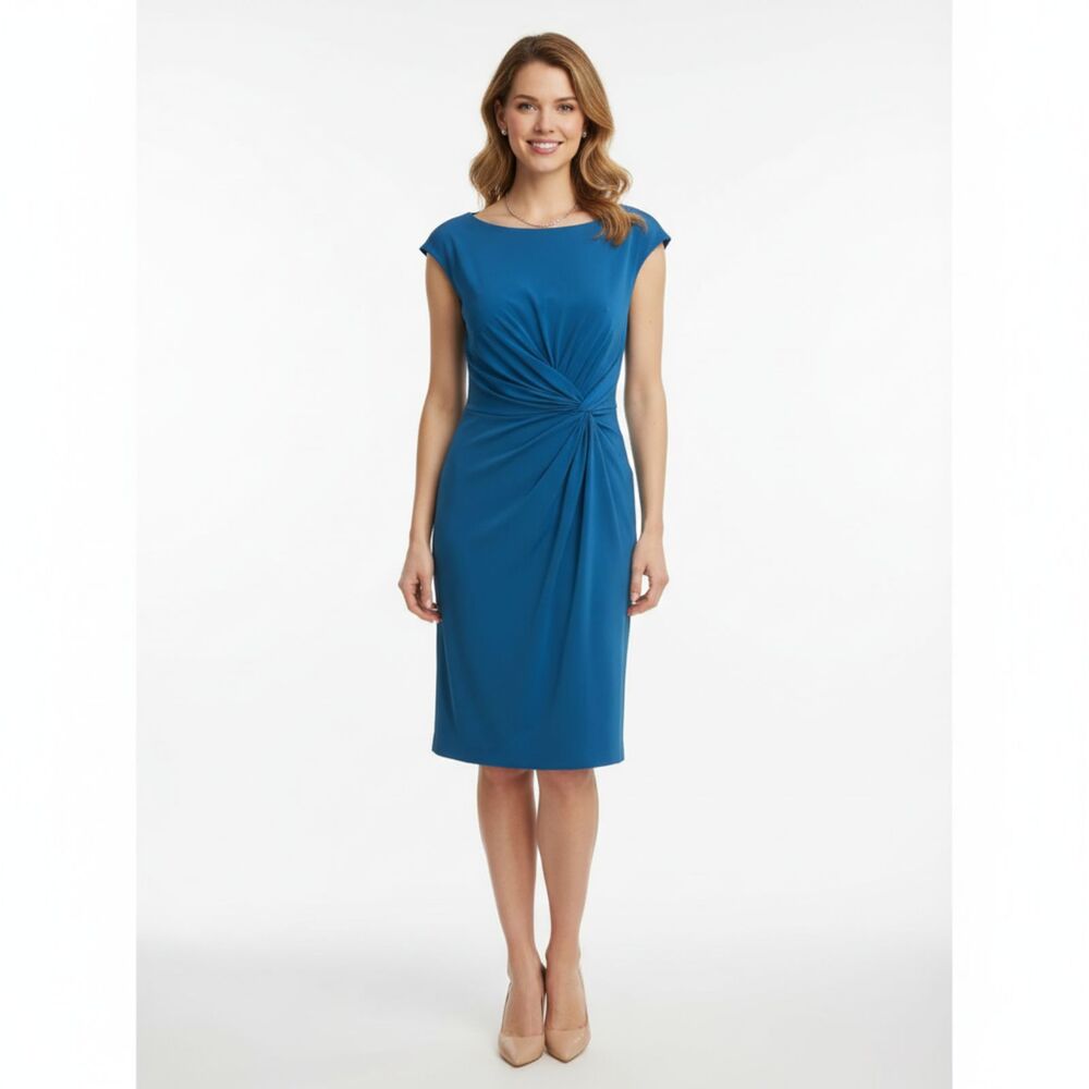 Boston Proper Blue Short Sleeve Twist Tie Waist Muse Dress 4 NEW